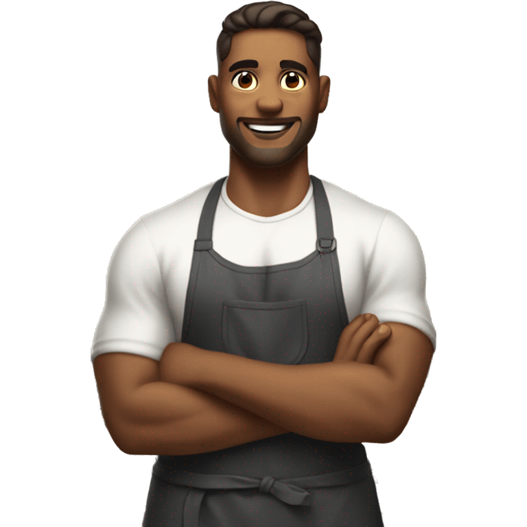 Handsome strong man in kitchen with apron emoji