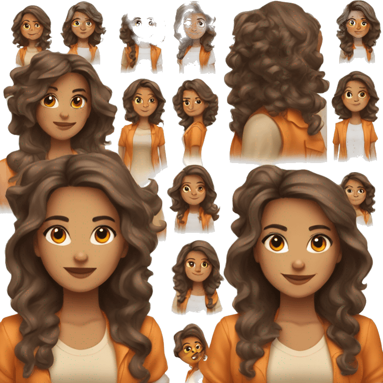 charming tanned woman wavy chocolate hair, caramel eyes, beige shirt, orange vest emoji