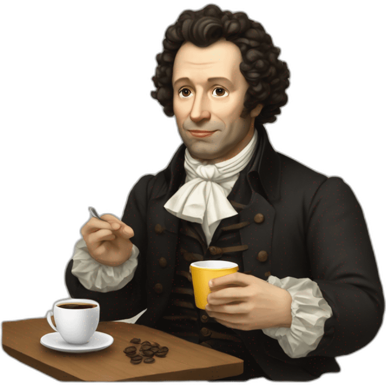 pushkin with a craft cup of coffee in his hands emoji