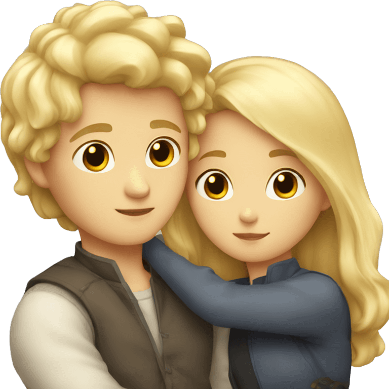 A blonde-haired girl and a dark-haired boy cuddling emoji