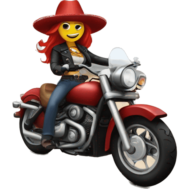 Sombrero girl with red hair in leather on a motorcycle emoji