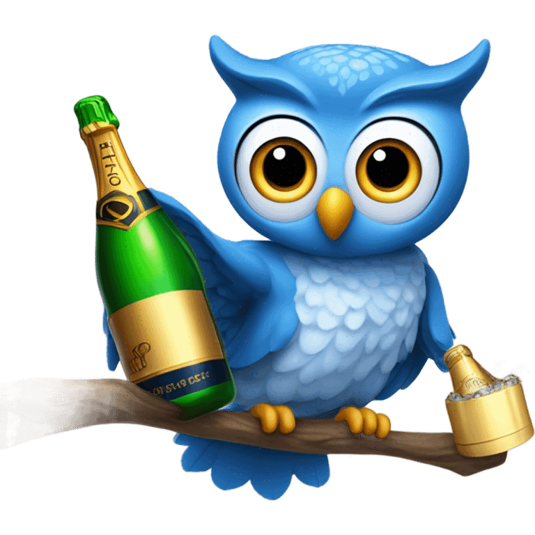 Blue owl holding a popped bottle of champagne  emoji