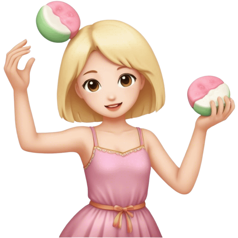 A girl dancing with mochi in her hand emoji