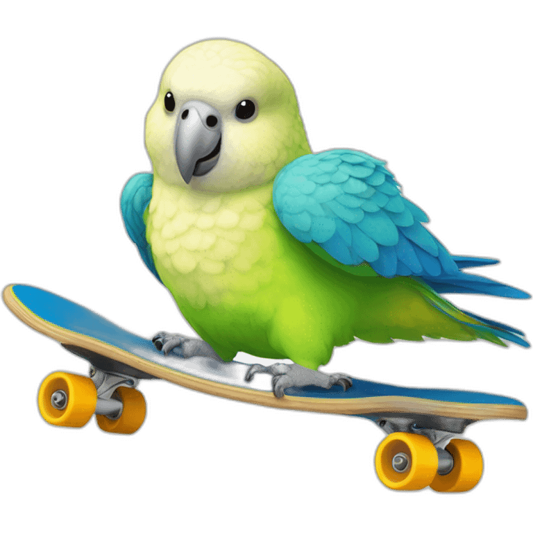 Budgerigar blue and white parrot rides a skateboard emoji