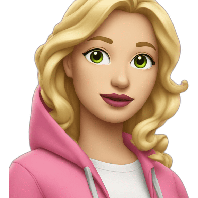 white woman with wavy blond hair and long eyelashes and green eyes wearing pink lipstick and pink hoodie  emoji