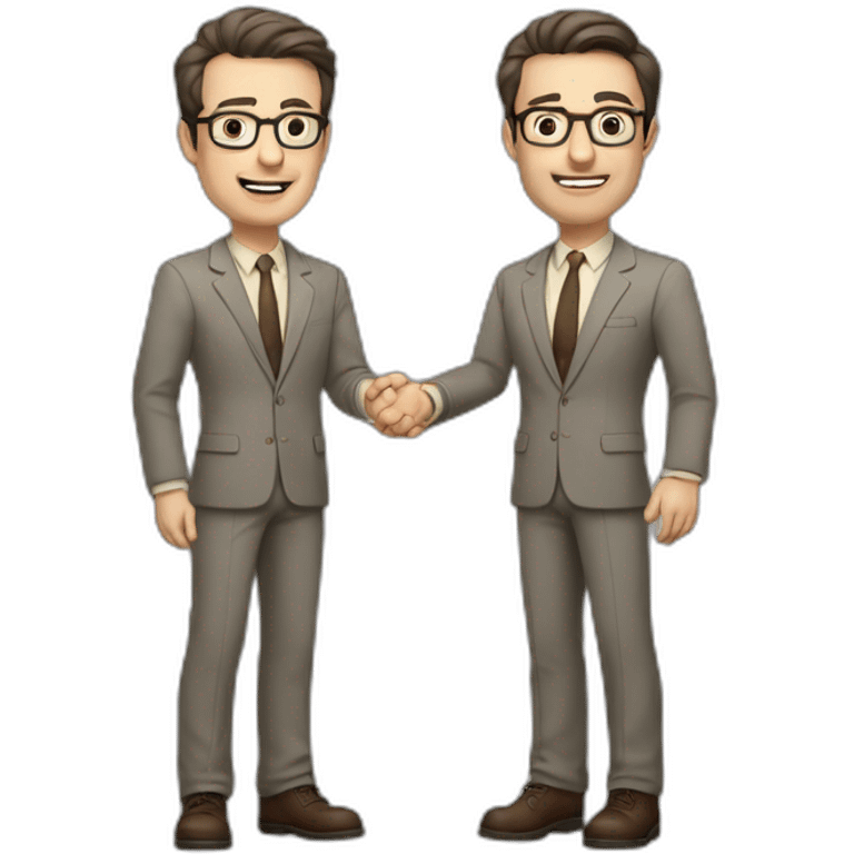 Full height Actively gesturing with hands Pale skinned fit man with dark brown hair in gray jacket, beige office shirt, brown tie, brown pants and vintage glasses. emoji