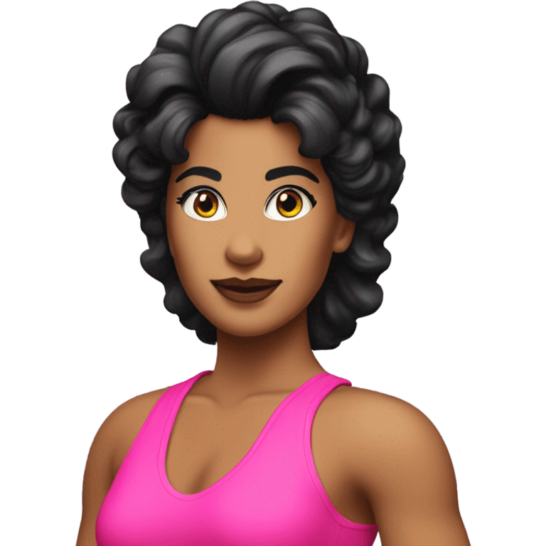 Tanned woman with black hair dressed in 1980s fitness hair, makeup, and neon attire  emoji