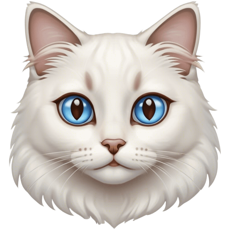 White ragdoll cat with a brown patch on her right eye and has blue eyes emoji