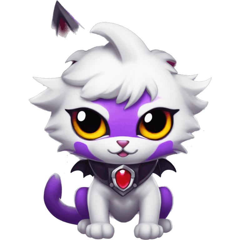 Anthro-Cute-Edgy-Cool-Vampiric-Batty-Cat-Black-Purple-Red-Grey-White-Yellow-Contrast-Colors-Fantasy-Fur-Sona-Chibi-Shiny-Fakémon-Hybrid with horns and big fangs and collar full body emoji