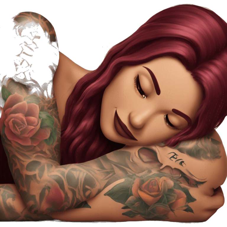 Beautiful tattooed burgundy long haired woman laying on the boyfriends chest emoji