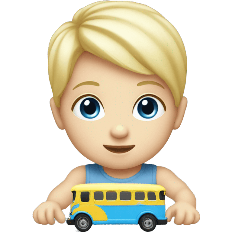 Baby playing with a toy bus blue eyes and blonde hair  emoji