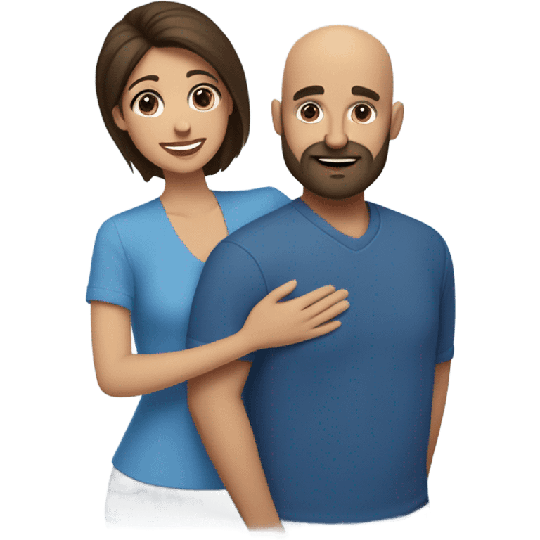 Comforting hug from brunette Puerto Rican with dark brown eyes wearing a cute blue blouse to short, bald man with brown eyes, laugh lines, and a beard emoji