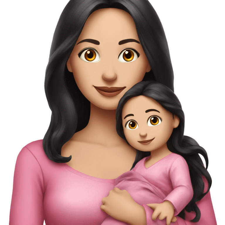 Beautiful Russian lady very long black hair pink clothes holding baby  emoji