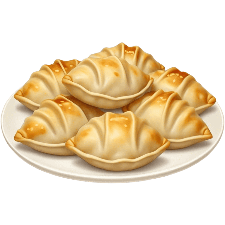 Gyoza Cinematic Realistic Gyoza Dish Emoji, depicted in a close-up view of 1 to 2 delicate dumplings with a crisp, golden exterior and savory filling, rendered with exquisite detail and dynamic lighting. emoji