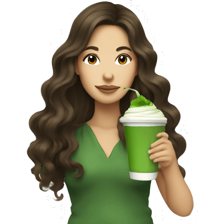 brunette long wavy hair sipping matcha emoji