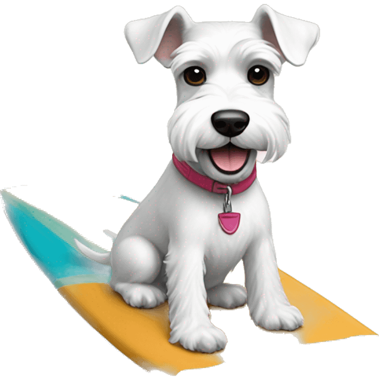 White mini schnauzer riding surf board emoji