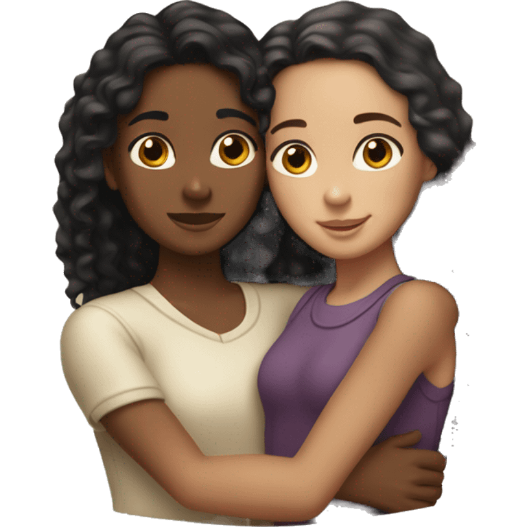 a brown skinned woman with long brown curly hair hugging a younger white skinned girl with straight black hair emoji