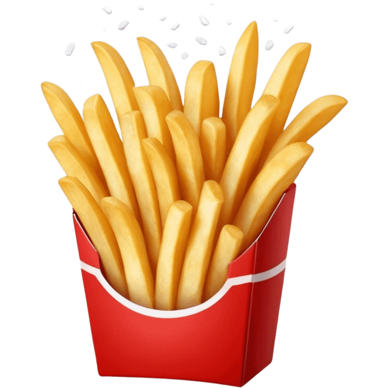 Cinematic crispy golden French fries, piled high, sprinkled with salt, served in a red carton, warm and inviting, rich golden hues, perfectly crunchy and delicious. emoji