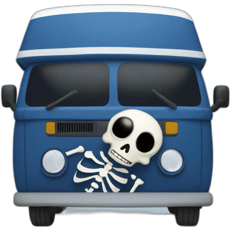 Skeleton drives a dark blue Campervan  emoji