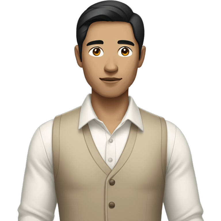 black-haired Asian man wearing a white shirt and beige vest emoji