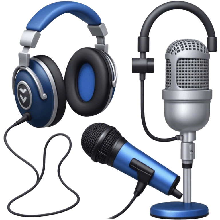 Create a sleek and professional emoji that represents voice acting and dubbing equipment. The design should feature a high-quality microphone, a sound mixer or audio interface, and headphones to symbolize the recording and technical process. Include elements like a soundproof booth or audio cables to reflect the studio environment. Use a modern, clean design with colors like silver, black, and dark blue to represent the professional side of voice acting. The background should be transparent. emoji