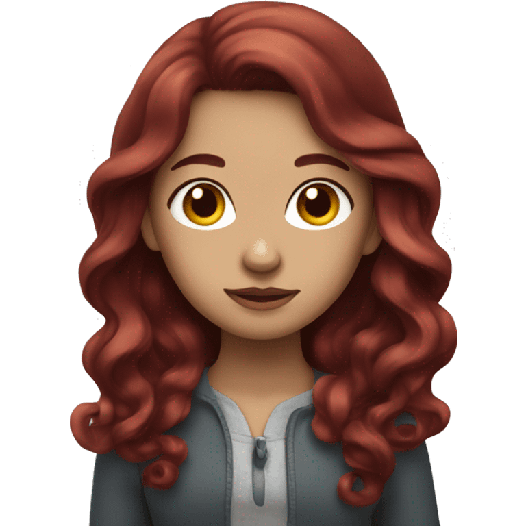 girl with long burgundy hair in side part curled, white skin emoji