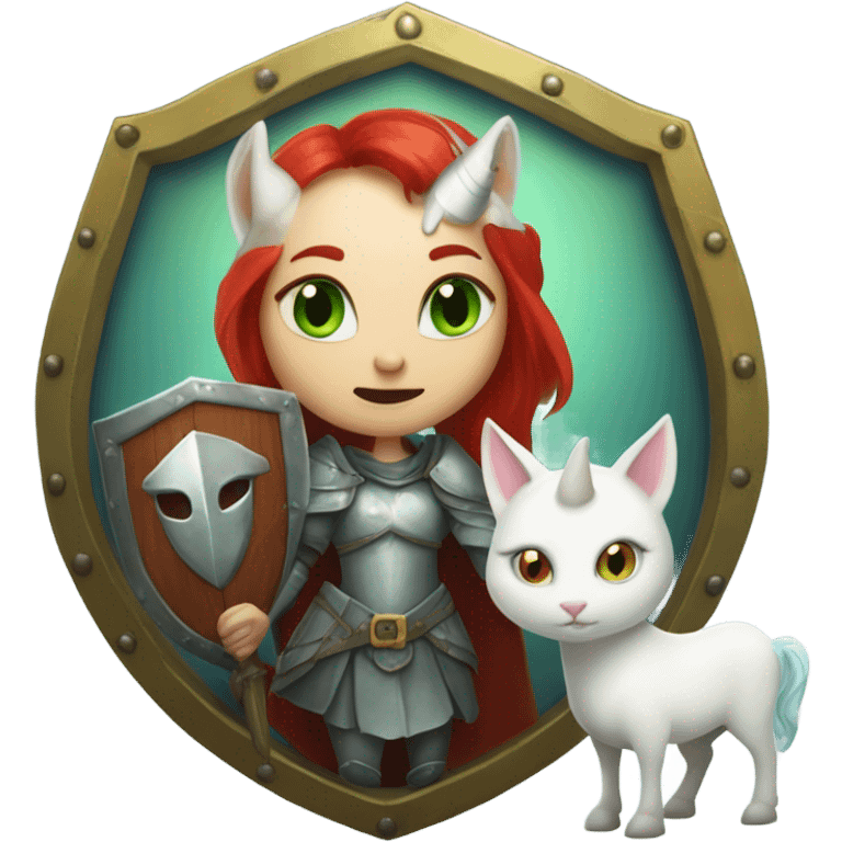 medieval shield: [politically incorrect, (
	{ female, alien, witch, color: light green, hair:red, eyes:cat} ]
	on a 
	[{ unicorn: white, legged:four, mane: light blue }]) emoji