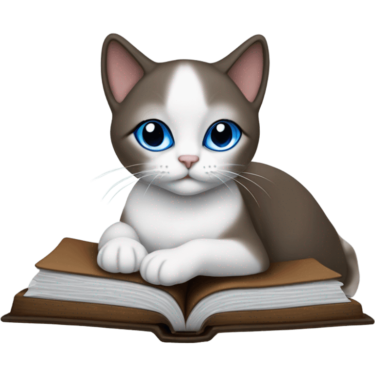 Snowshoe cat with blue eyes, darker face, full body laying on an open Bible emoji