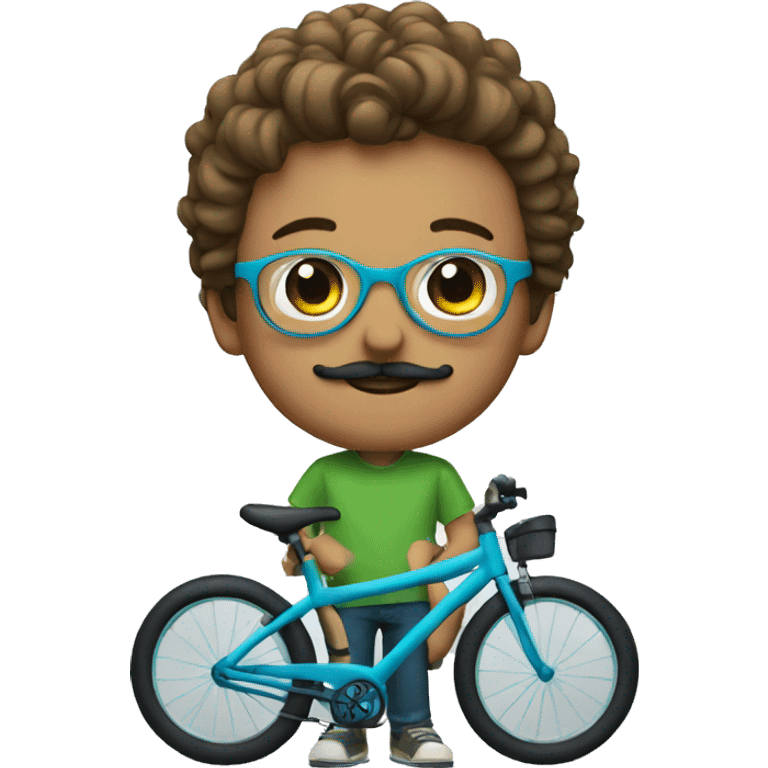 young boy with moustache, light brown air and glasses and a green-blue bike emoji