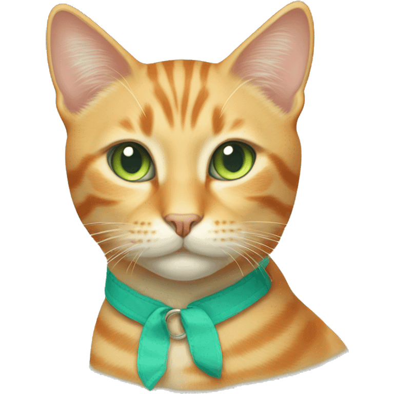 light orange stripes cat with pale green eyes and a teal collar  emoji