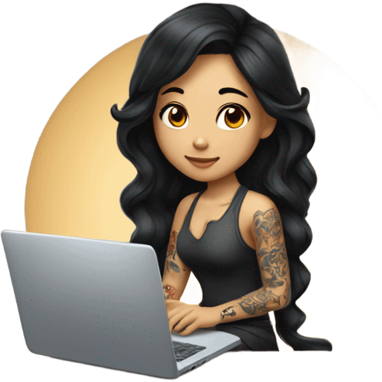 beautiful girl, with arm tattoos, with long black hair, wavy hair, chinese, with laptop emoji