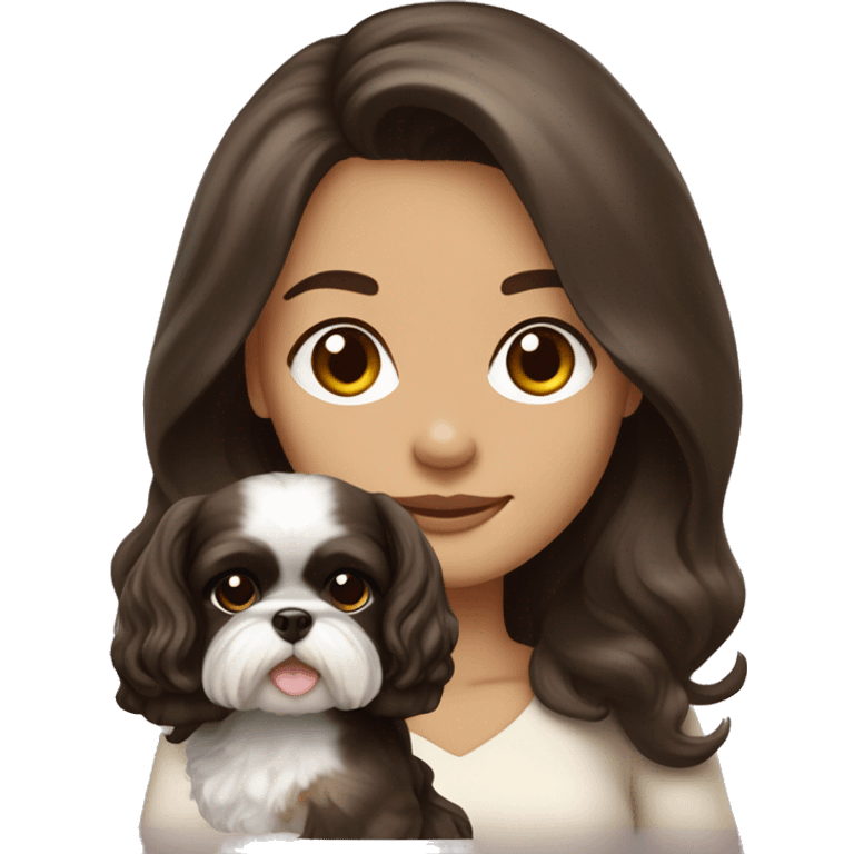 Young dark brunette medium kin hair woman with a cream shih tzu in her arms long wavy hair emoji