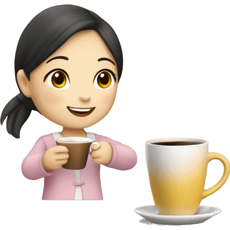 Create an animated emoji: a lovely Chinese little girl pushing a cup of hot coffee in and saying “thank you, my teacher!” emoji