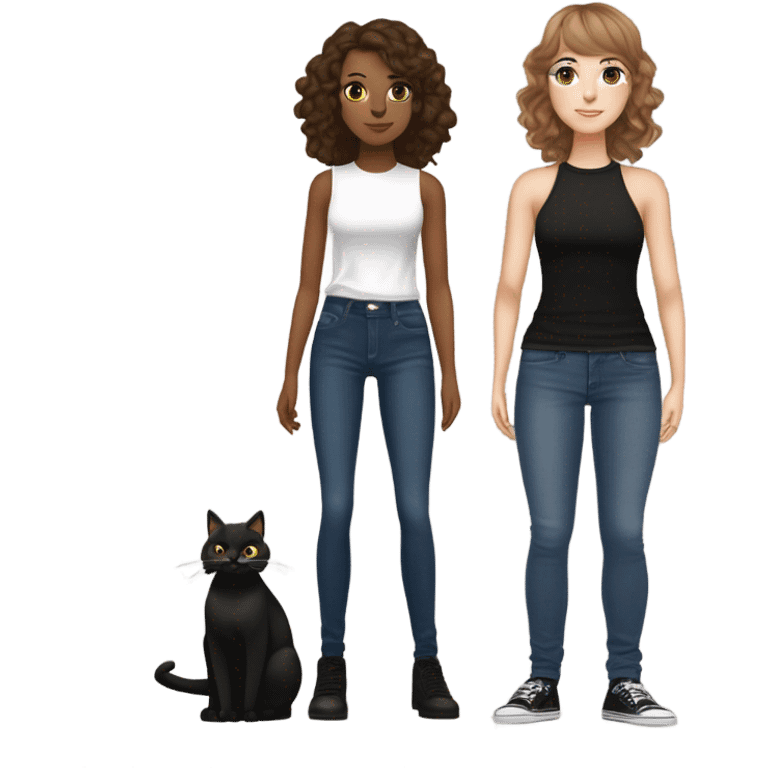 tall skinny white brown haired girl with brown eyes wavy hair and curtain bangs wearing dark wash jeans and black high neck tank top and black mary jane heel shoes standing full body and holding fat black cat with white spot on its belly emoji