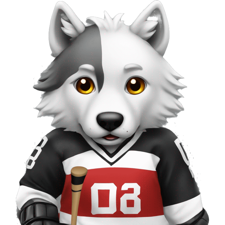 The wolf plays hockey in a black white and red uniform emoji