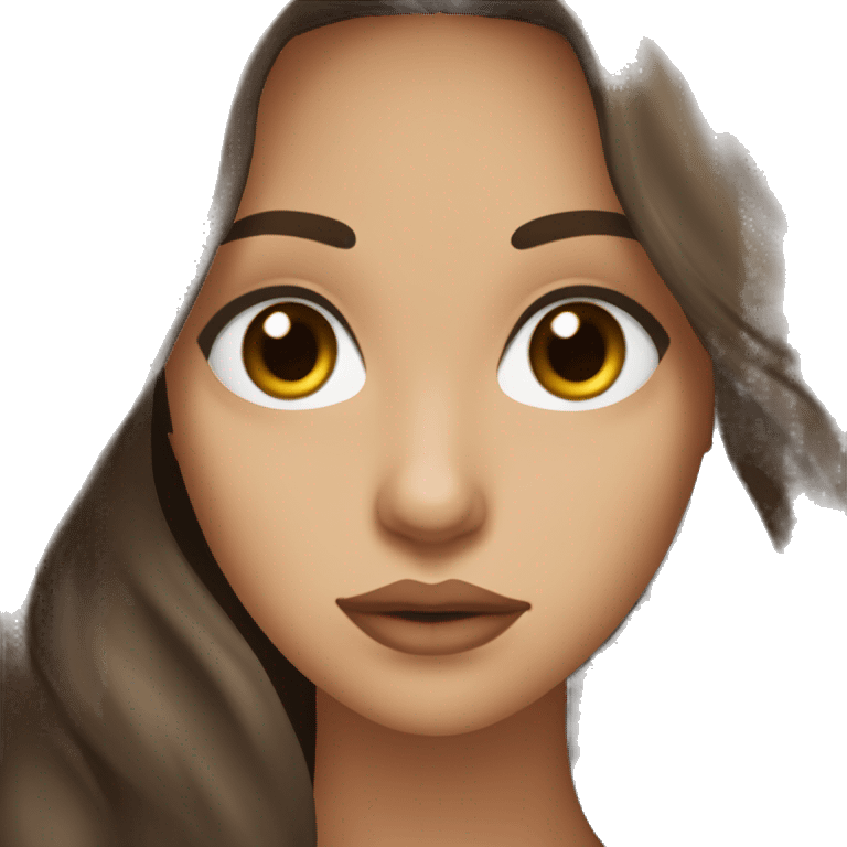 brunette long hair, big brown almond eyes, full lips, raeading emoji