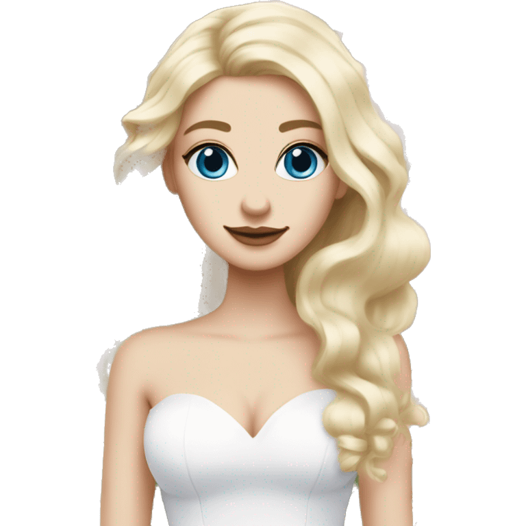 White bride with long light blonde hair and blue eyes with light pink peonies in hair white skin  emoji