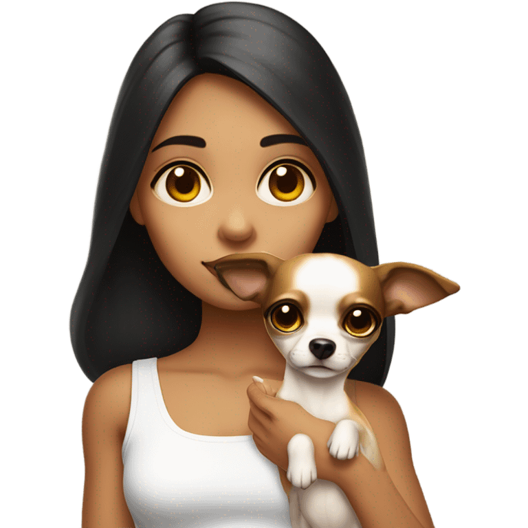 A girl with long very dark brown hair, big brown eyes, very big lips wearing a white singlet top, she is holding a small very chihuahua that is solid yellow emoji