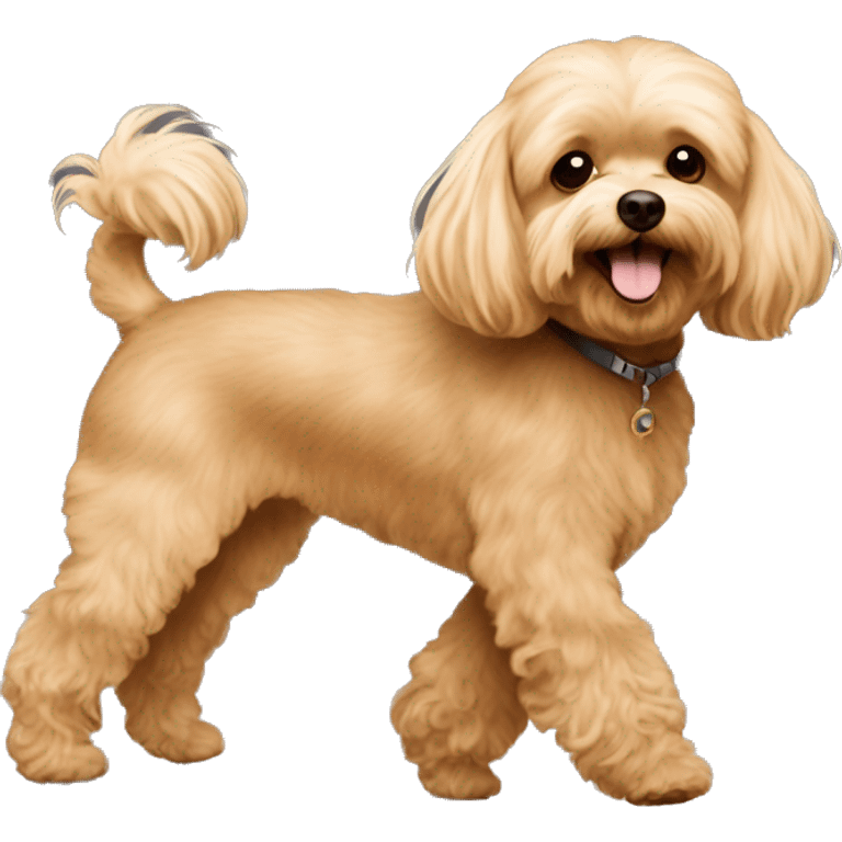 Brown Maltipoo walk with blonde skinny girl with long hair emoji