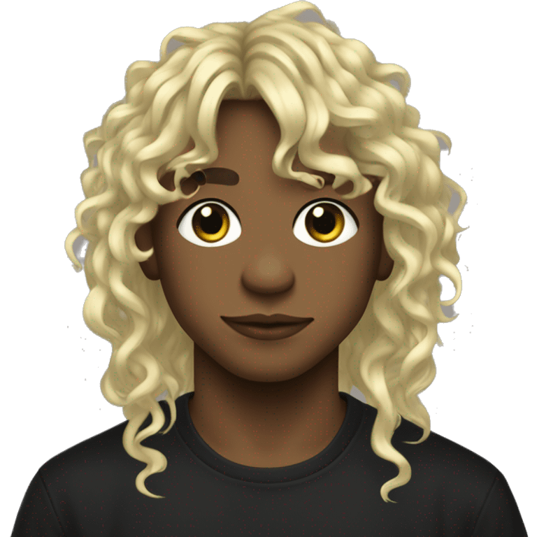 a boy with long curly blond hair with bangs,a bridge piercing and a side labret piercing. he’s wearing a black shirt with a frog emoji