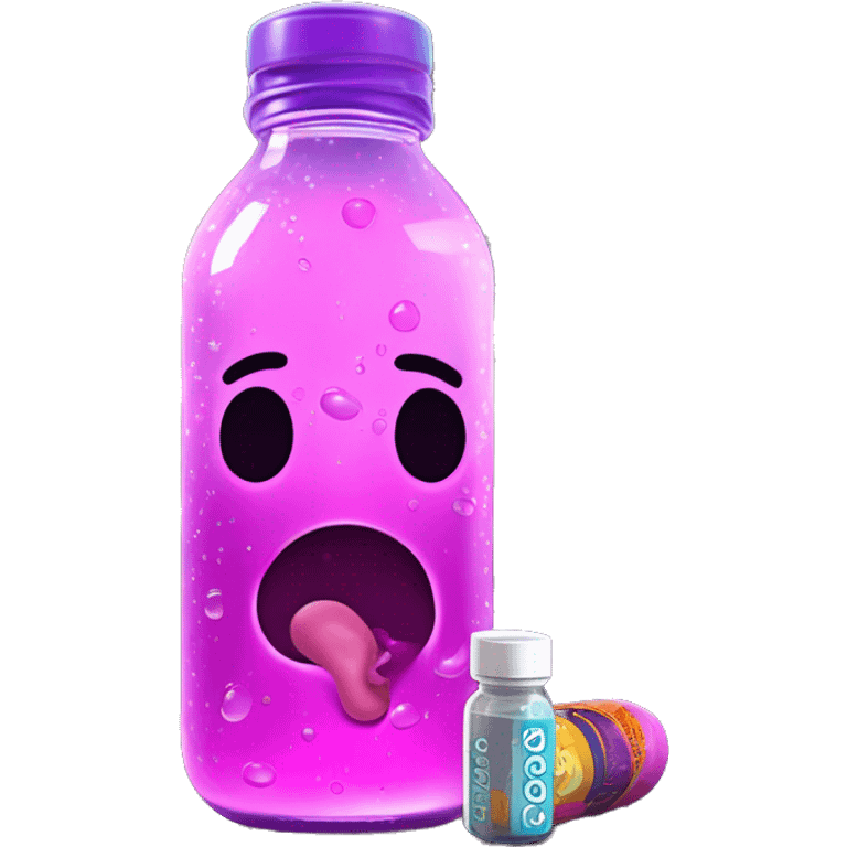 A pink baby bottle with purple sparkly liquid with ice, labeled "GOOGOO ZAZA" and pills left by trash in apartment with floor to ceiling windows in sci-fi city streets, dark, neon, ultra realistic, glossy, after rain, sunshine, vhs emoji