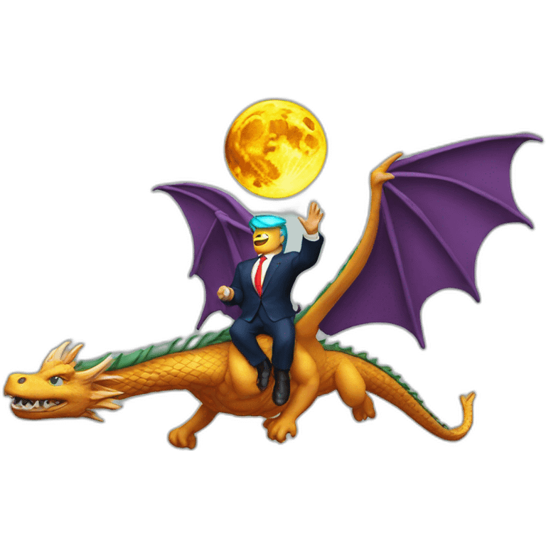 Trump flying to the moon on a dragon emoji