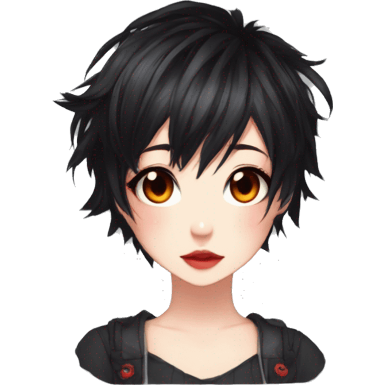 Gorgeous anime style tomboy-lady with blushing face aesthetic and pretty edgy black red punk hair with hair garment trending style emoji