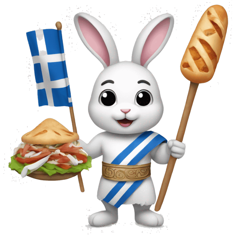 Easter bunny wearing a Greek flag holding a gyros emoji