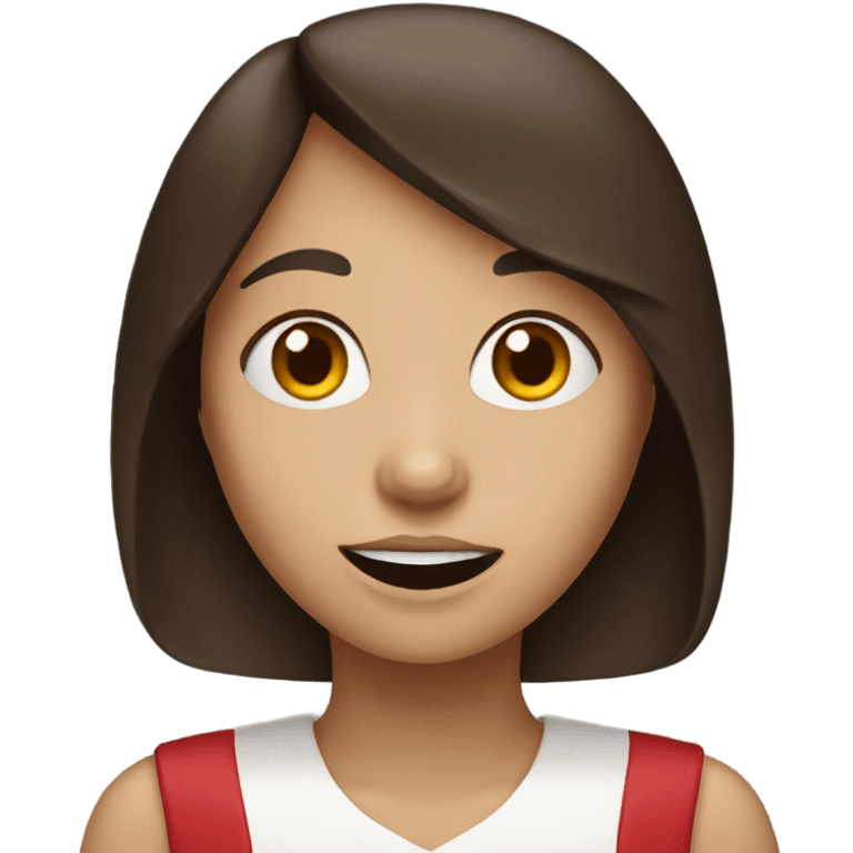 Girl, brunette, with fringe, eating a cherry pie emoji