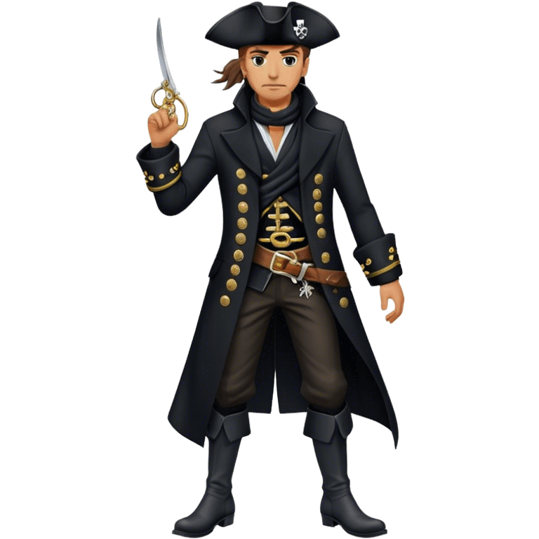 A confident pirate captain in a tailored black coat with silver embroidery, black boots, and a windswept black scarf. emoji