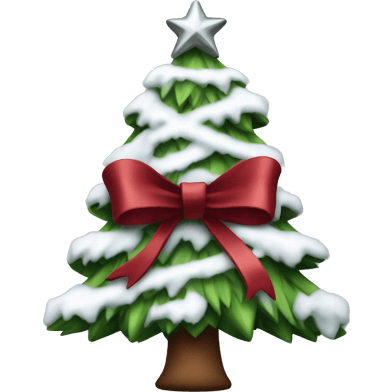 Snowy Christmas tree with silver ribbon and dark red bows emoji