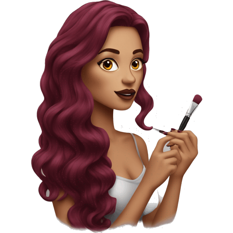 Beautiful tattooed burgundy long haired woman doing her makeup emoji