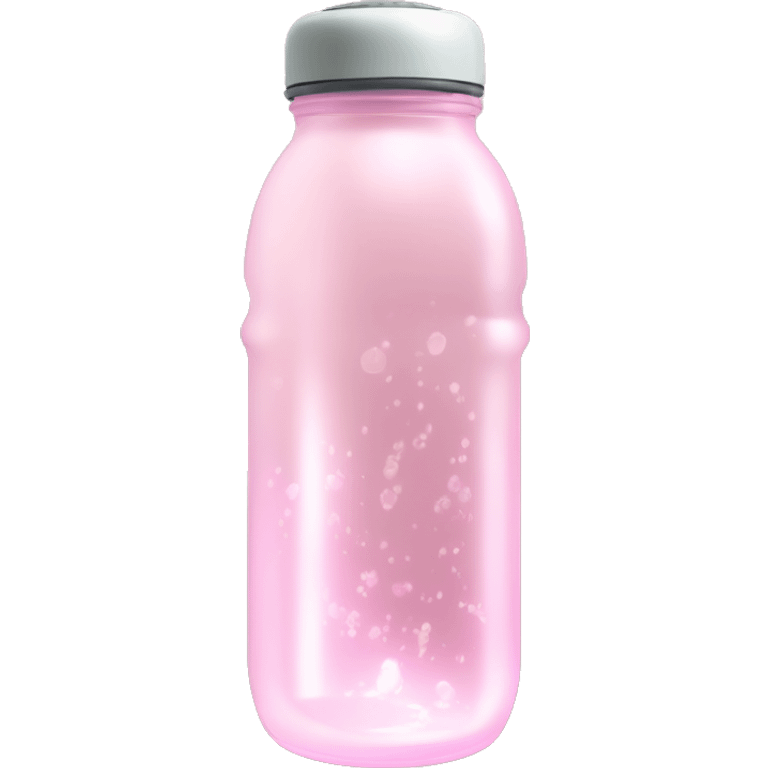 Pastel Pink Water Bottle "A pastel pink water bottle with glowing liquid inside, sparkling accents on the lid, and a faint shimmering light trailing from its base." emoji