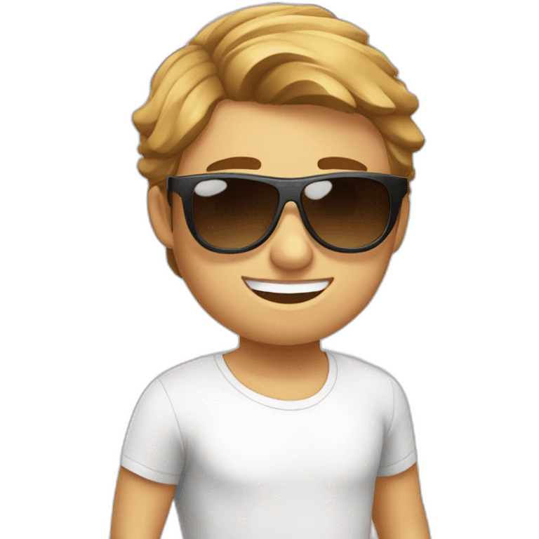 A young fit man with a white shirt and sunglasses on his hair with brown hair and a French flag in his hand emoji